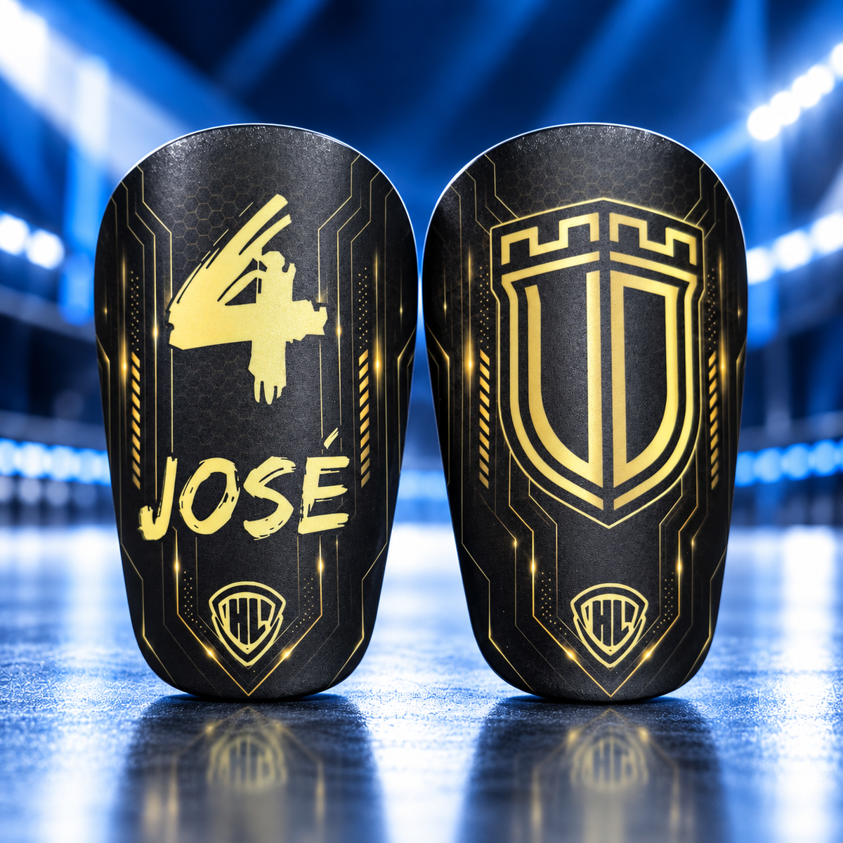 Mini espinilleras de fútbol personalizadas con nombre, número y escudo