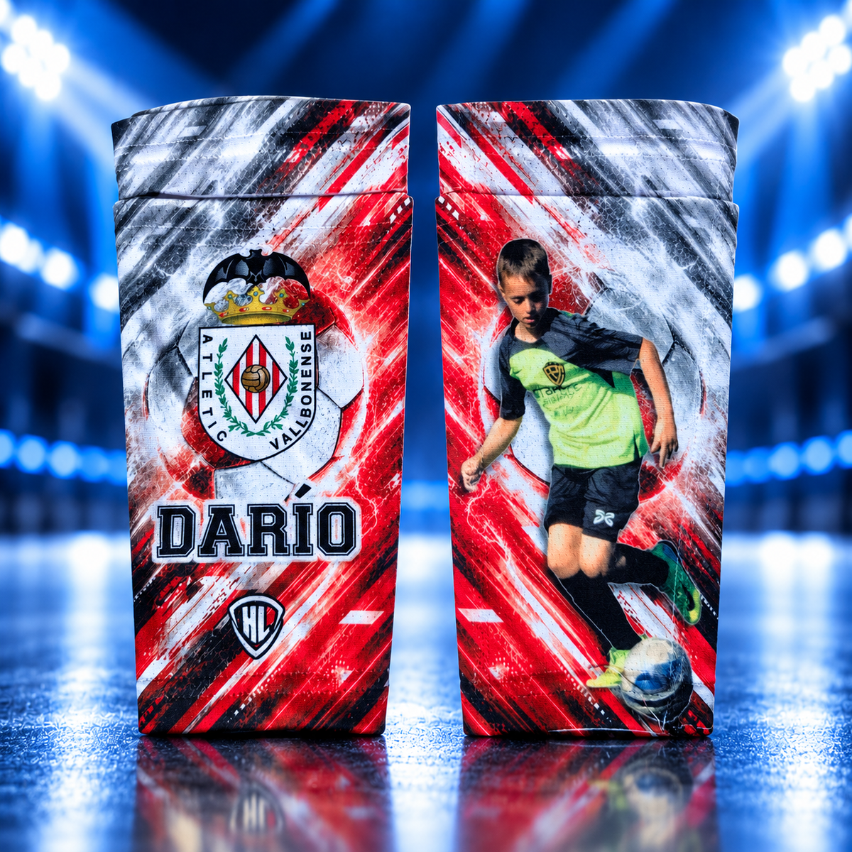 Sujeta espinilleras personalizados de fútbol con nombre, número y escudo